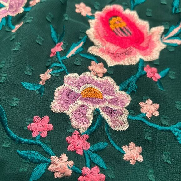 ASOS Design Petite High Neck Textured Embroidered Mini Dress w/ Lace Trims Green - Picture 9 of 11